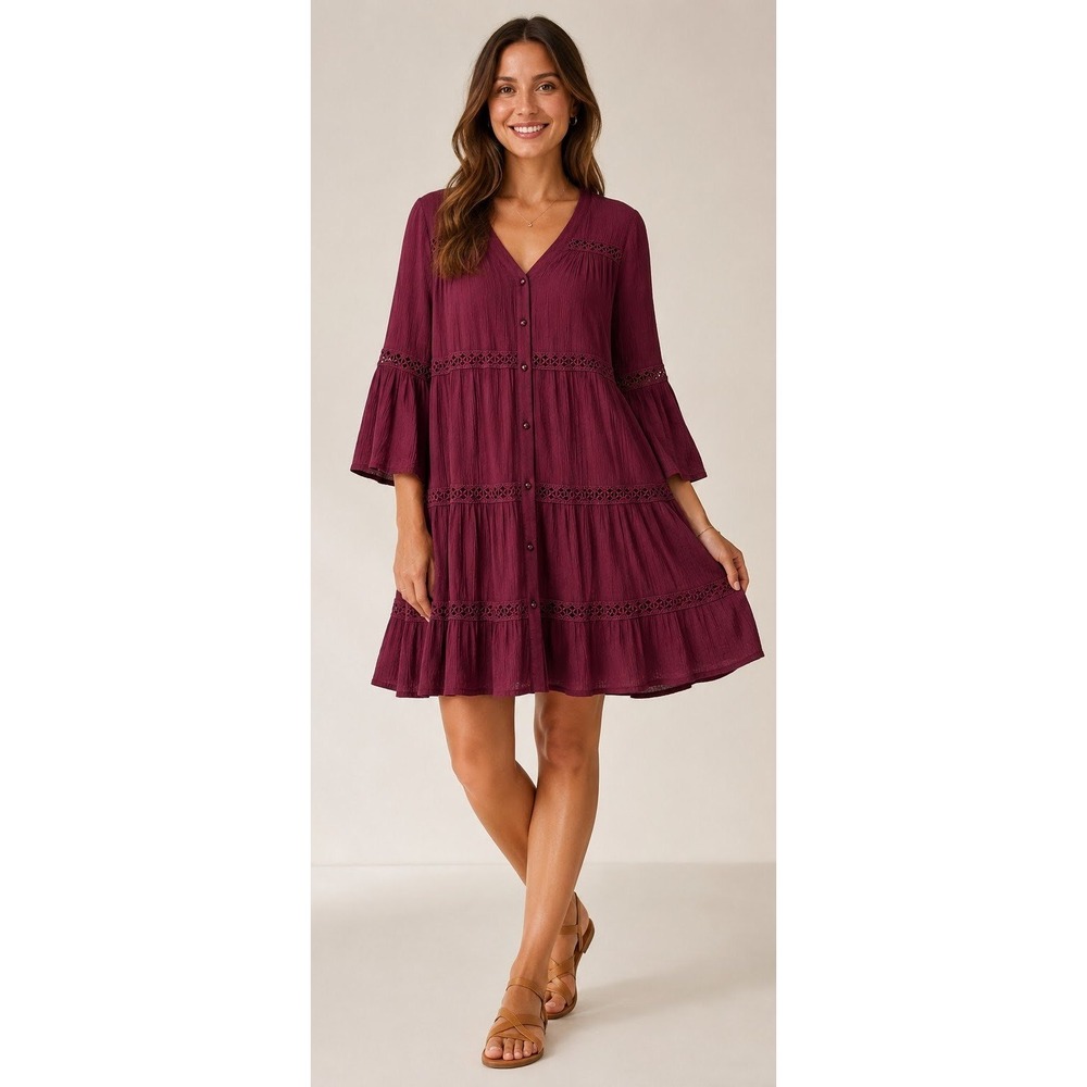 Knox Rose Burgundy Boho Crochet Lace Tiered Dress L Cottagecore Hippie Lagenlook
